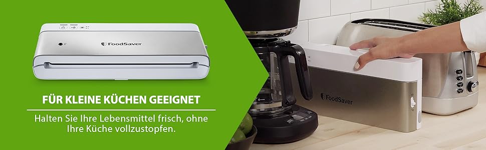 Компактний вакууматор FoodSaver VS0100X з ручним пристроєм для вакуумування, сріблястий (1 рулон та 4 пакети в комплекті)