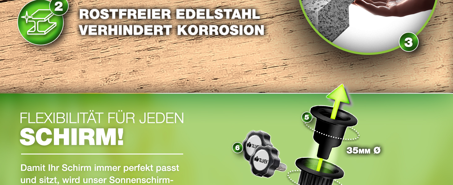 Підставка для парасольки Tillvex® Granit на колесах з ручкою для перенесення, 27 кг | Підставка для парасольки з нержавіючою сталею | Підставка для парасольки на балкон, діаметр 250 см, для стійок 16-48 мм (Прямокутна, сіра)