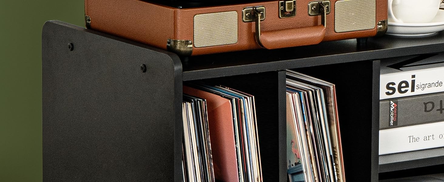 Стіл для програвача вінілу, стійка для програвача середини століття з місцем для зберігання до 150+ платівок, шафа для платівок з регульованими полицями, чорний