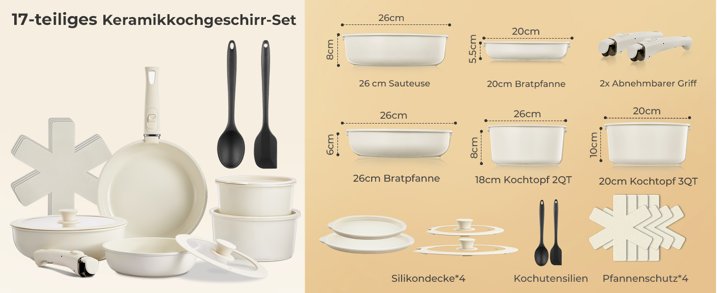 Набір посуду 17 предметів з антипригарним покриттям, індукційний, з керамічним покриттям, сумісний з духовкою, безпечний для миття в посудомийній машині, без PFOA/PFOS