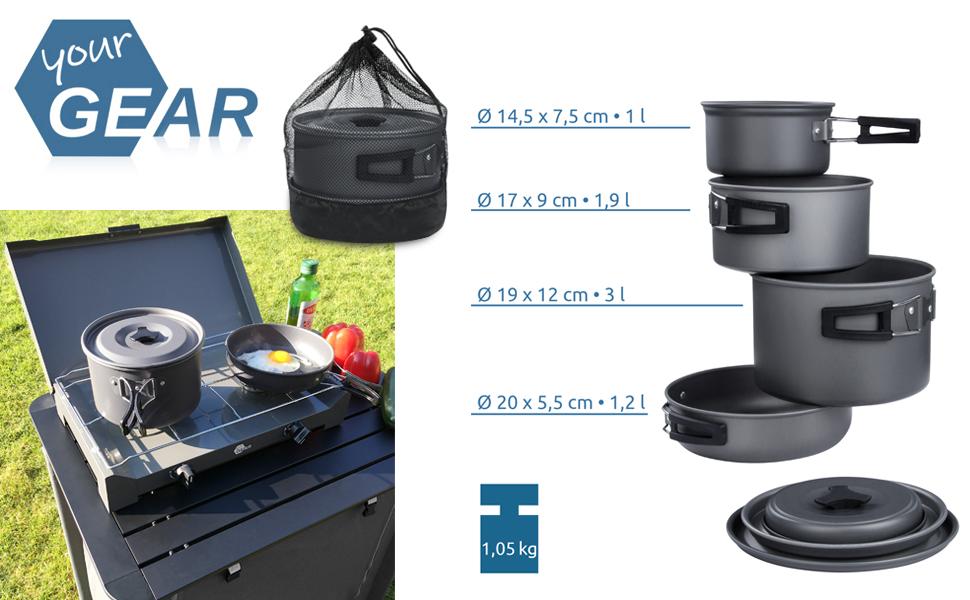 Набір посуду для кемпінгу yourGEAR Ranger V (7 предметів) - для 4-5 осіб. Алюмінієвий, з антипригарним покриттям. У сітчастому мішку.