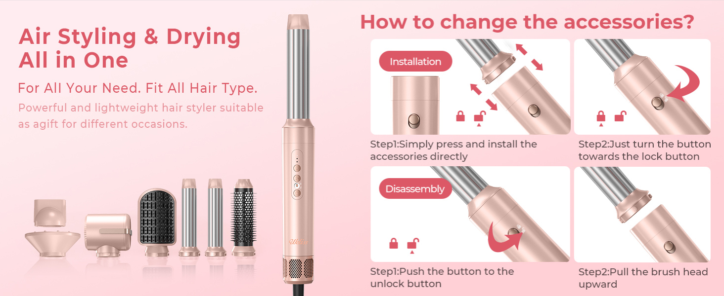 Щітка для фена Air Styler 5in1 1000 Вт, бігуді 30 мм, 3 рівні, в т.ч. рукавичка (рожева)