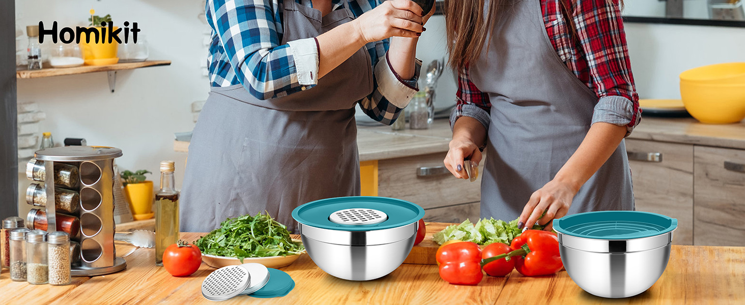 Набір мисок Homikit, 5 шт. з нержавіючої сталі, з кришкою та силіконовим дном, мультифункціональний, для салатів, 6.6L / 3.5L / 2.5L / 1.5L / 1L (блакитний, з 3 тертками)