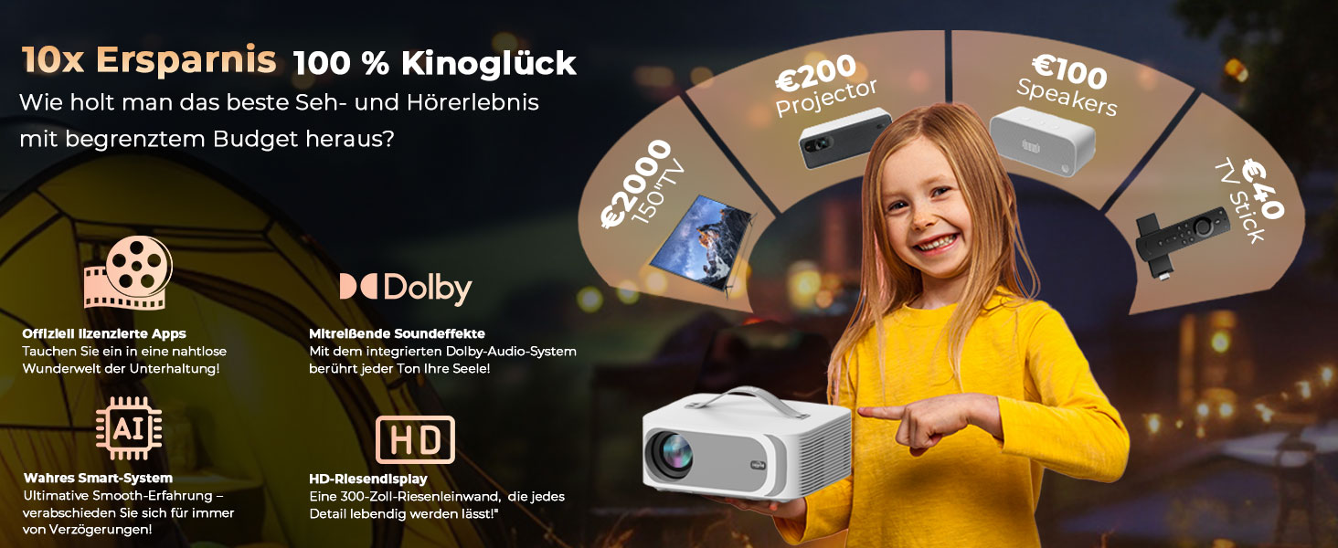 Портативний проєктор Beamer 4K з Dolby Audio, HDR10, WiFi6, Bluetooth 5.4, Auto Fokus, для домашнього кіно та перегляду спортивних подій, білий
