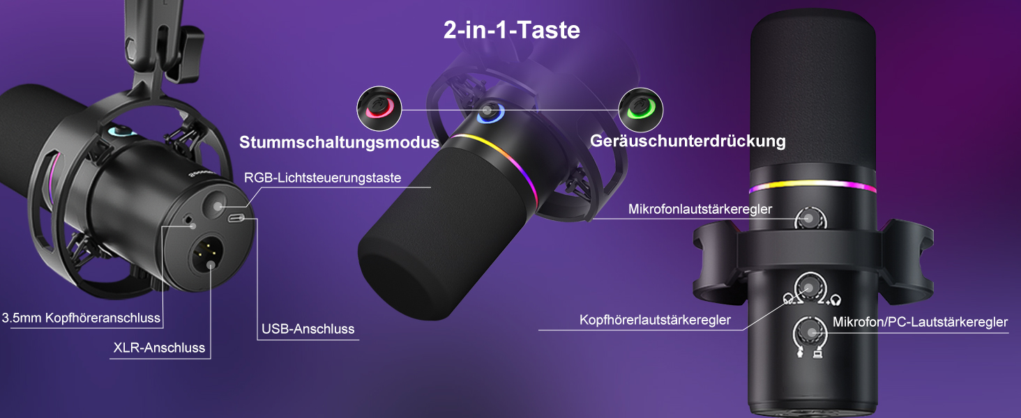 Сокодокс XLR/USB мікрофон з підставкою, мікрофон для стрімінгу з шумозаглушенням, регулятором гучності, мікрофон для подкастів, студії, геймінгу та запису