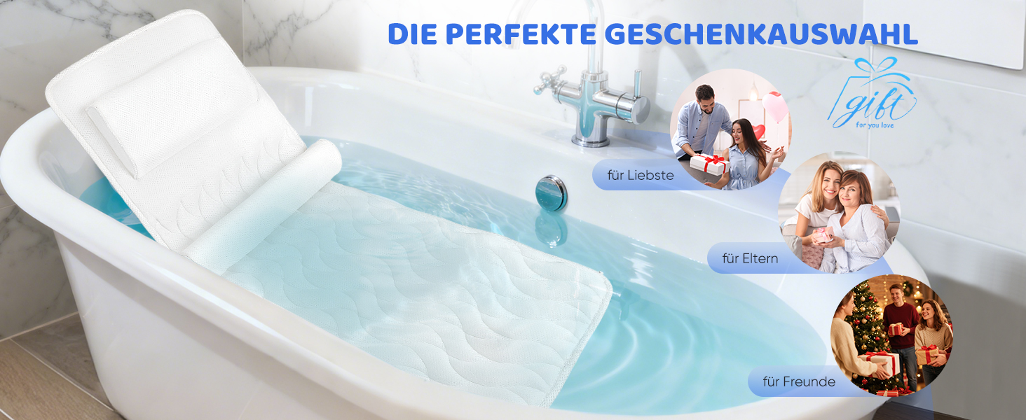 Килимок для ванни з подушкою для тіла 123x40 см, для зросту 160-180 см, швидковисихаючий, для підтримки голови, шиї та спини