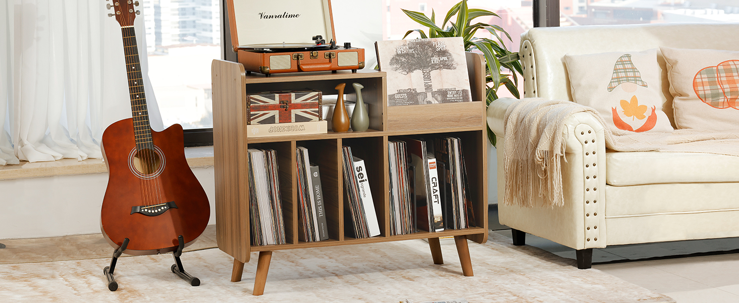 Стіл для програвача, стійка для програвача середини століття з місцем для зберігання до 350+ платівок, шафа для вінілових платівок з регульованими полицями, горіх