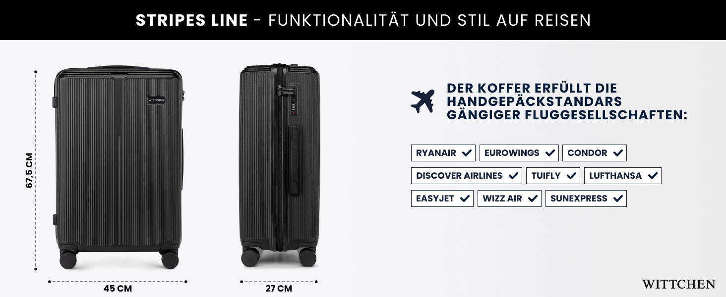 Валіза велика Wittchen Stripes Line XL (76.5x50x29 см) чорна, пластикова валіза-тролей на 4 колесах, 96 л, з кодовим замком та телескопічною ручкою