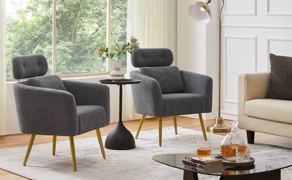 Крісло Yaheetech з тканини букле, крісло-релакс з регульованою спинкою та металевими ніжками, біле (темно-сіре)