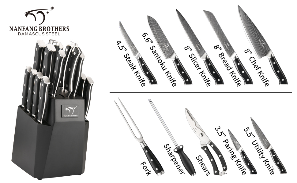 Набір професійних кухонних ножів NANFANG BROTHERS з дамаської сталі, 18 предметів, VG10, 67 шарів, японський кухонний набір, дерев'яний брусок, червоний, чорний