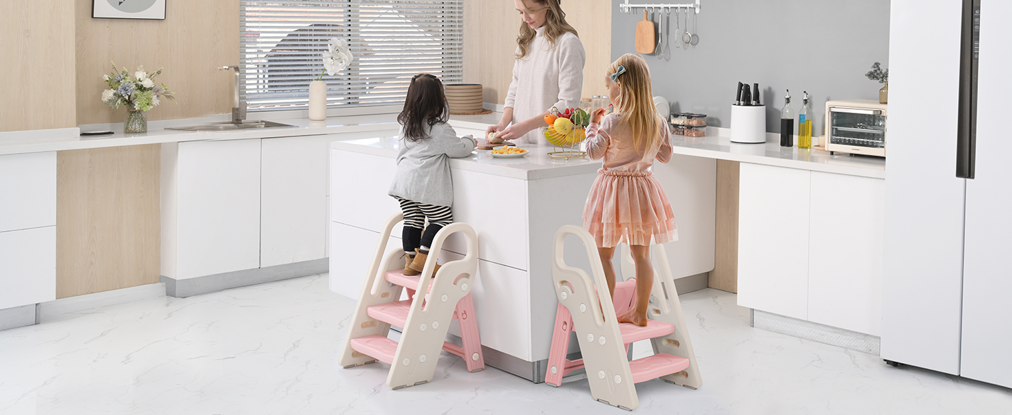 Дитячий табурет-сходинка Onasti: регульована висота, 2-3 сходинки, складна конструкція, багатофункціональний, для ванної, дитячої кімнати, кухні (зелений, рожевий)