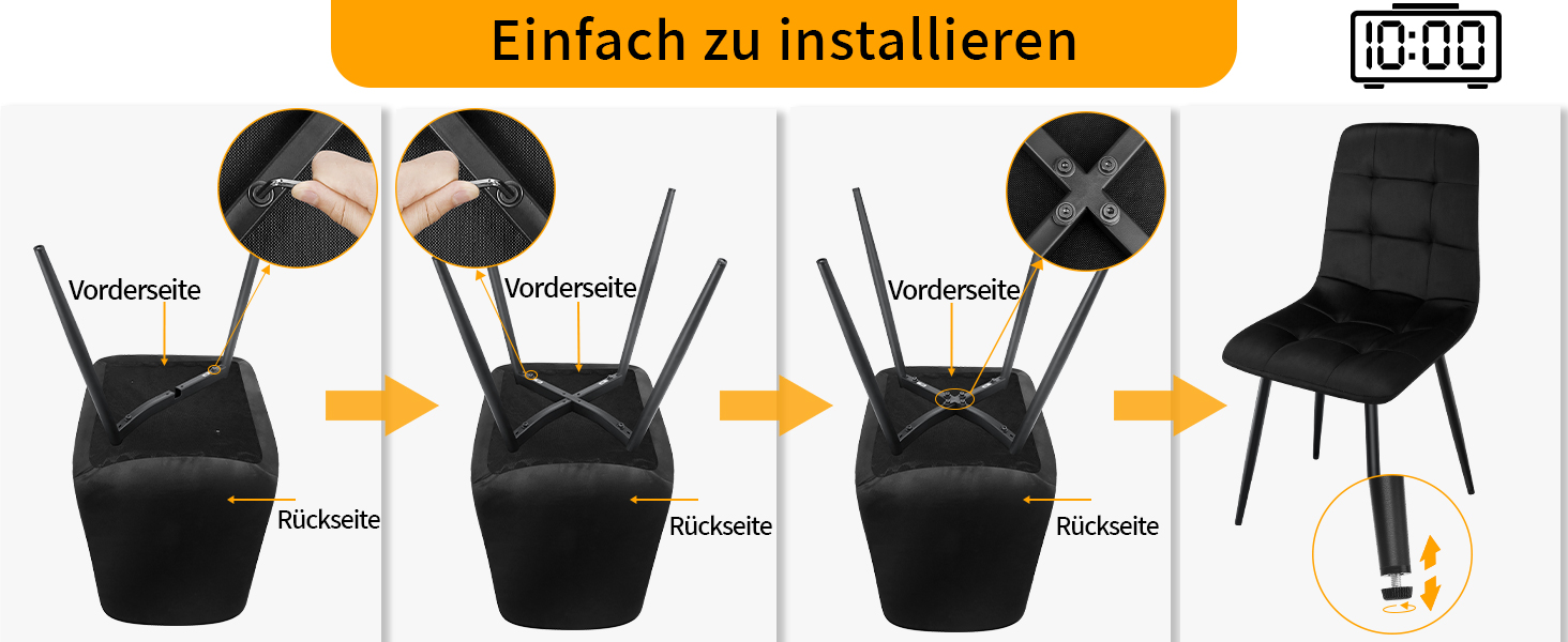 Набір обідніх стільців, м'які стільці з оксамитовою оббивкою та чорними металевими ніжками, кухонні стільці з максимальною вантажопідйомністю 120 кг (4 шт, чорний)