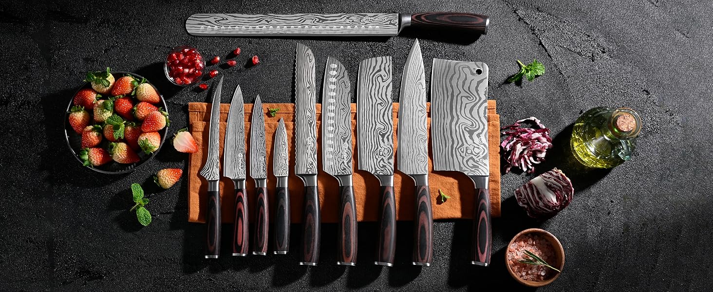 Ніж кухарський Sunnecko 20см з нержавіючої сталі, професійний, з ручкою Pakkaholz, універсальний, з подарунковою коробкою