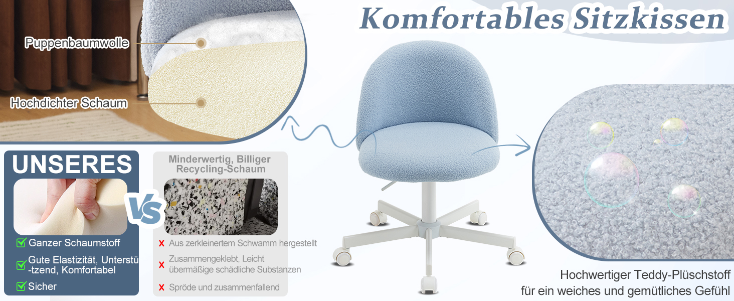 Офісне крісло Bonnlo з роликами, крісло для туалетного столика, регульоване по висоті, для робочого кабінету, спальні, home office, з м'якої тканини Teddy, біле (світло-блакитне)