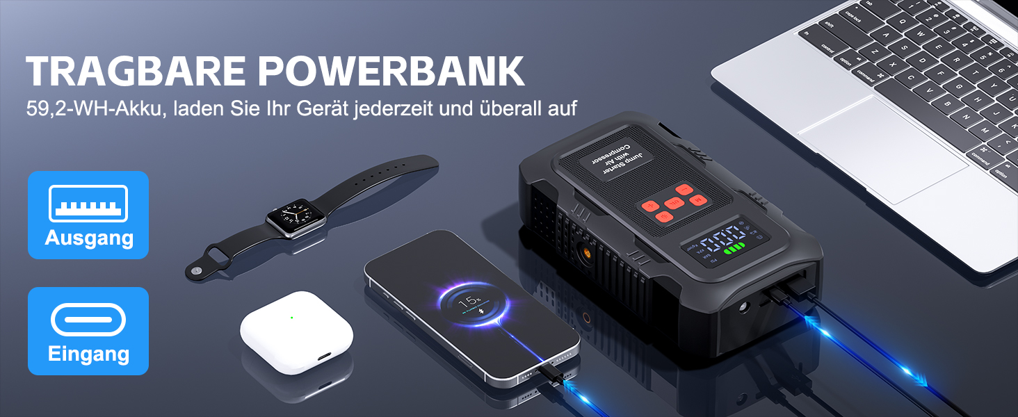 Пусковий інвертор Povasee Jump Starter 6000A з компресором 150 PSI, Powerbank для авто 12V, електричний насос та ліхтариком (Помаранчевий/Чорний/Червоний)