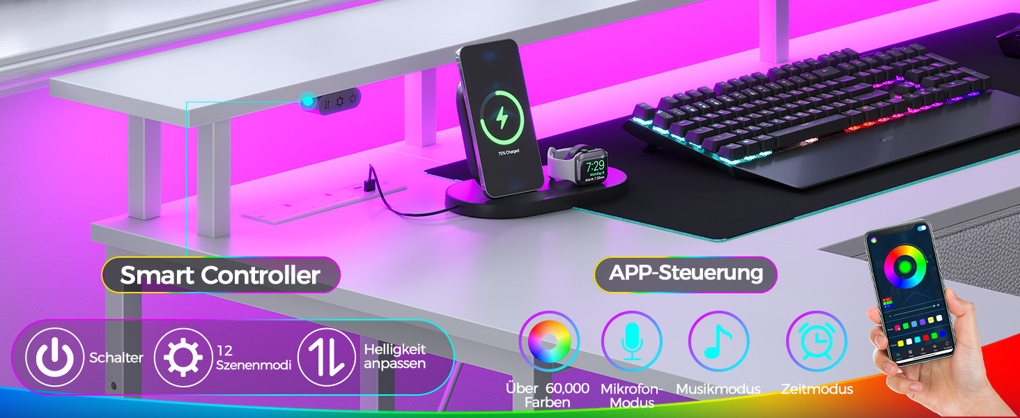 Кутовий стіл Seventable L-подібної форми з LED-підсвічуванням, підставкою для монітора та висувними ящиками, білий. Ідеально підходить для спальні, офісу або вітальні.