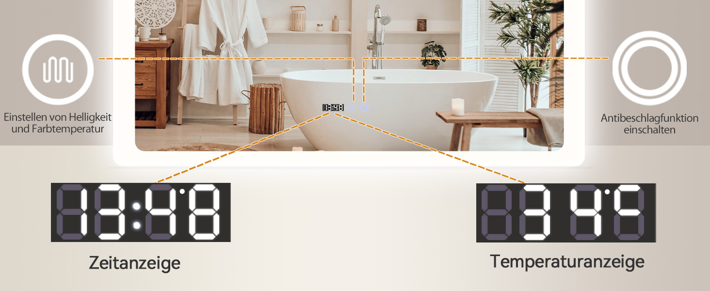 Дзеркало для ванної кімнати YOURLITE з LED-підсвічуванням 100x60 см, сенсорне управління, годинник, антизапотівання, 3 кольори світла, регулювання яскравості, функція пам'яті, білий - 60100