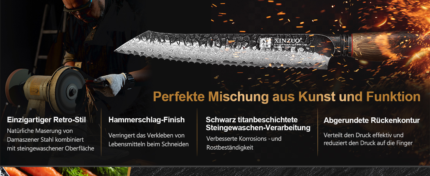 Ніж кухарський XINZUO Damaststahl серії Mo, 19.3 см - професійний, з лезом з дамаської сталі, кухонний ніж, мультифункціональний, з ергономічною ручкою з білого дуба