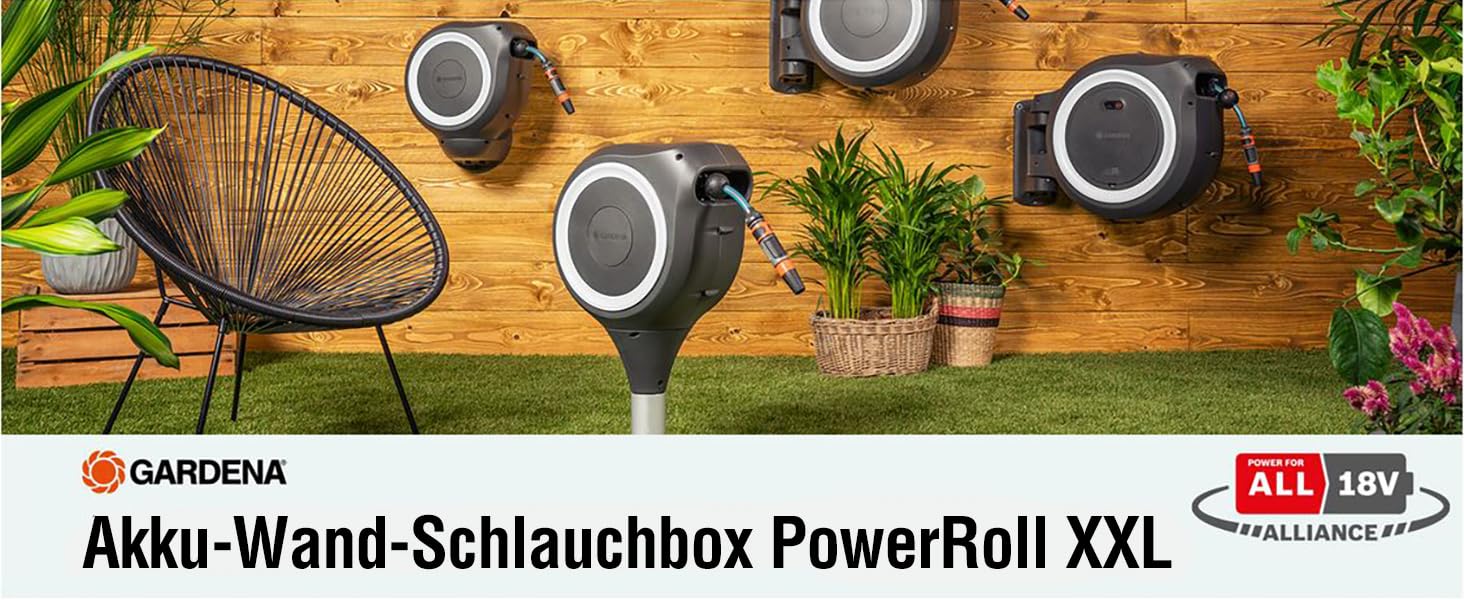 Gardena PowerRoll XXL Solo: Автоматичний шланг на котушці з акумулятором, 40м, білий, UV-стійкий, для саду
