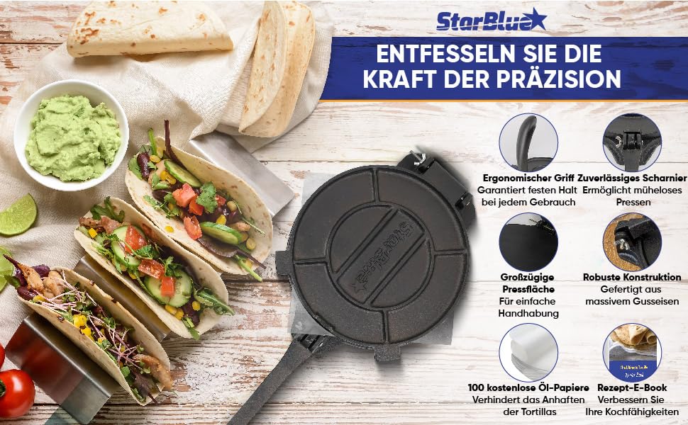 Пресс для тортилій зі сталі StarBlue 10 дюймів (25 см) з 100 шт. паперу для випікання та електронною книгою з рецептами - для приготування чіпаті, тортильї, роті