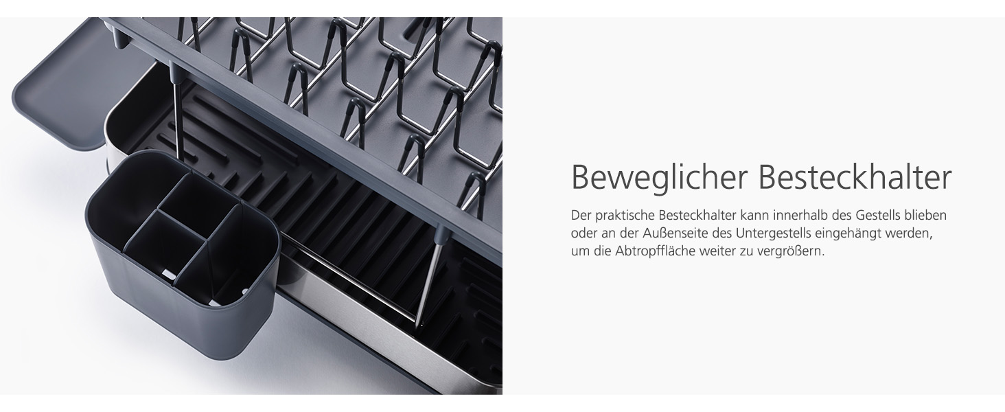 Сушарка для посуду Joseph Joseph Extend з нержавіючої сталі, висувна, компактна, з підставкою для столових приборів та поворотним зливом (2 яруси, сіра)