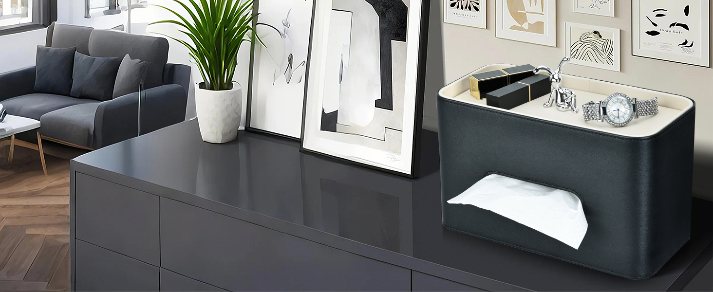 Скляниця для серветок GORESE з підносом, шкіряна, для офісу, дому, авто, ванної кімнати. Білий/Чорний колір