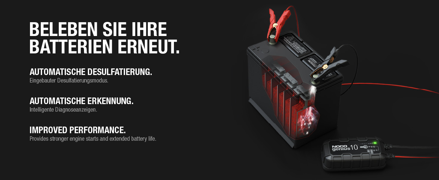 NOCO GENIUS10: Інтелектуальне зарядне пристрій для акумуляторів 6V/12V - Автоматичний підтримуючий заряд, сульфатор, захист від перевантаження, температурна компенсація - Для свинцево-кислотних та літієвих акумуляторів
