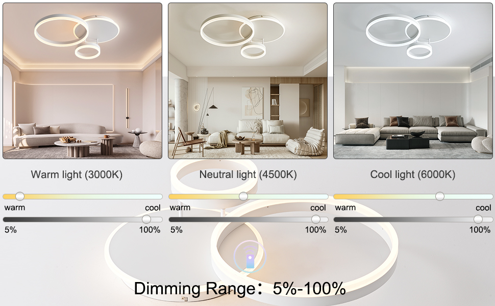 Світлодіодний стельовий світильник MOUNM з регулюванням яскравості 36 Вт, 3000K-6000K, 3600 лм, для вітальні/спальні, 3 кільця, білий