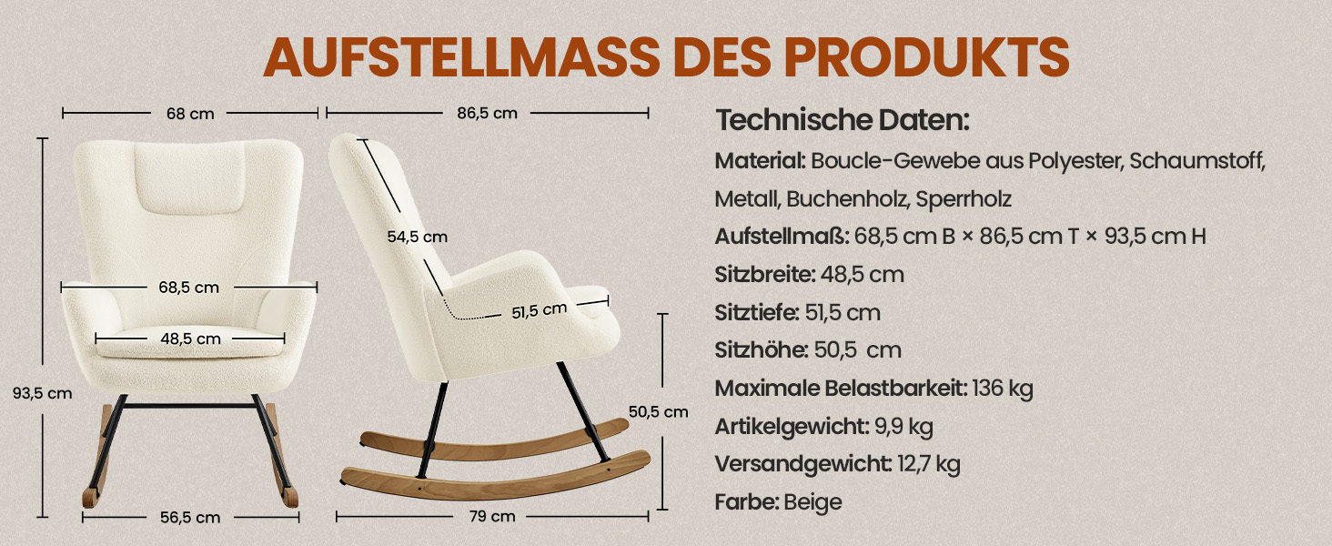 Крісло-гойдалка Yaheetech з відкидною спинкою, м'яке, до 136 кг, для вітальні/спальні/балкону, бежеве