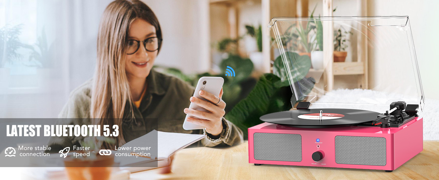 Вініловий програвач Udreamer з Bluetooth, вбудованими динаміками, ремінним приводом, 3 швидкості, вінтажний рожевий для музики та декору