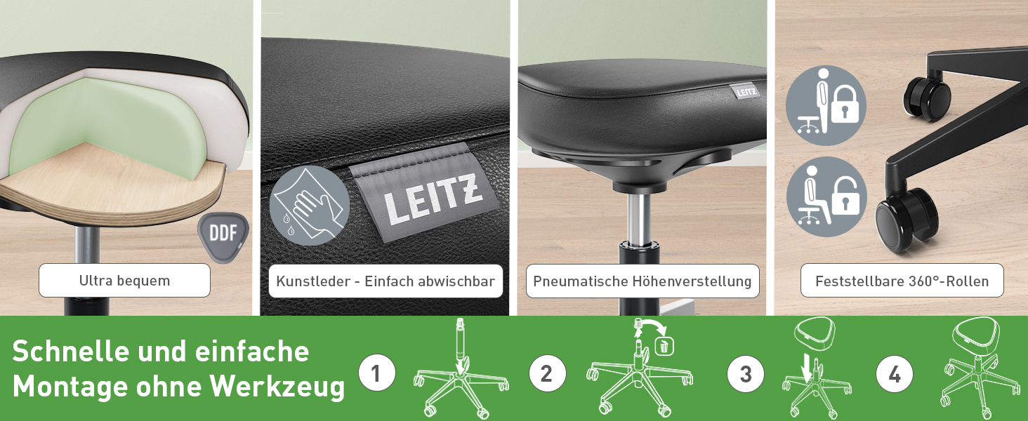 Офісний стілець Leitz Ergo Active з піною подвійної щільності, регульована висота 57-82 см, оббивка з переробленого матеріалу (110 кг), чорний, з колесами