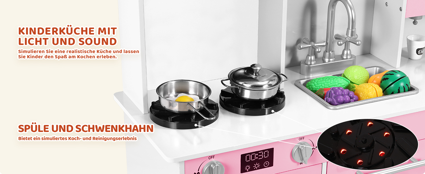 Дерев'яна дитяча кухня MAMIZO з підсвічуванням та звуком, іграшкова кухня для дітей, 90x30x90 см, з аксесуарами та 2 ящиками, іграшка для дітей від 3 років (Рожева)