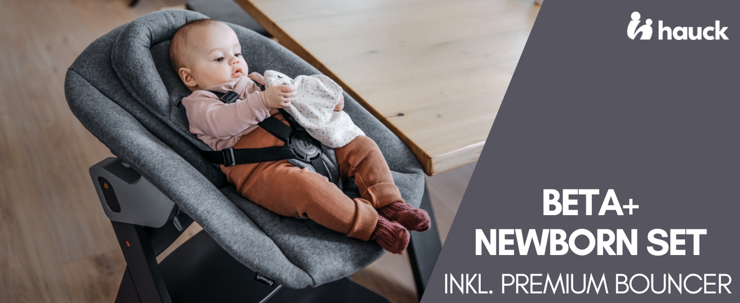 Високий стільчик для годування Hauck Beta+ Newborn Set Premium Dark Grey - комплект для новонароджених, з підставкою для ніг, м'яким сидінням та підносом - сірий колір