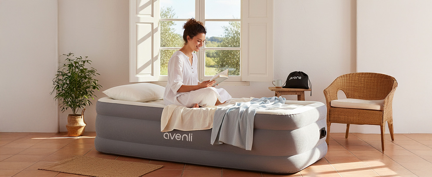 Надувний матрац-ліжко AVENLI для 2 осіб, 203x157x47 см з вбудованим насосом, флаокована поверхня, для кемпінгу та дому