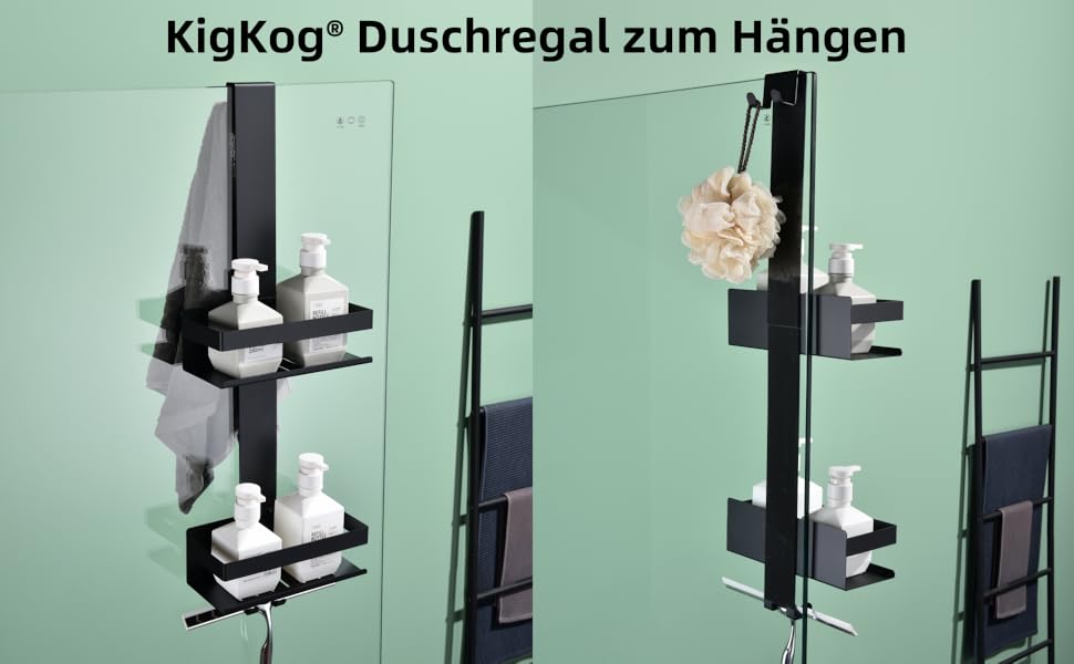 Настінна полиця для душу з 2 ярусами, чорного кольору, з нержавіючої сталі SUS304, з гачками, для скляних душових кабін