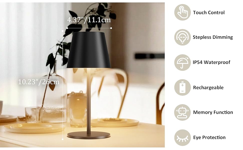 Лампа настільна LED акумуляторна Lundwa 26см, 5000mAh, 3W, 3000K, IP54, для кемпінгу, ресторану, спальні, бару (Чорний, 1 шт.)