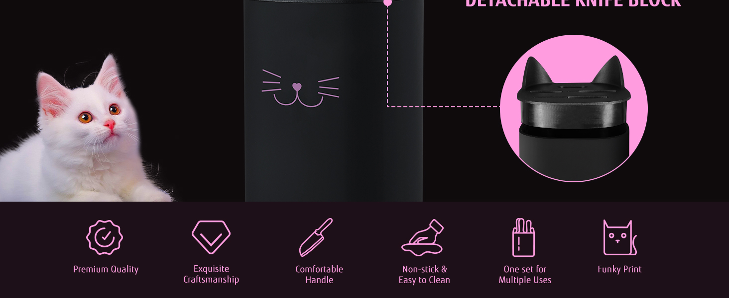 Набір кухонних ножів MeowKit 5 предметів з нержавіючої сталі, милий набір ножів з знімним блоком та ножицями, котяча форма, чорний, рожевий, рожевий