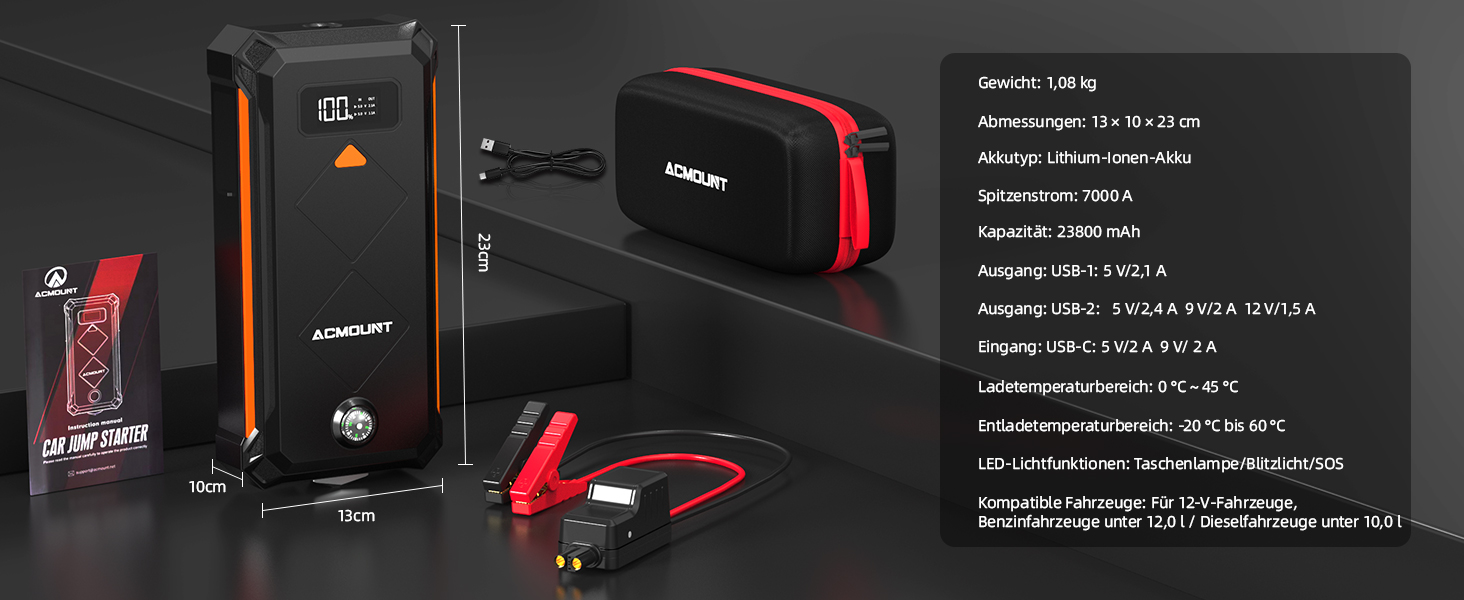 Бустерний пускач Acmount P110 7000A Powerbank для авто (12л бензин/10л дизель) з LED-ліхтарем, компасом та молотком для PKW, SUV, мотоциклів, газонокосарок, помаранчевий