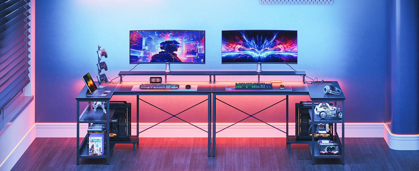 Ігровий стіл Coleshome L-подібний з LED-підсвіткою і розетками, 120x80 см, кутовий письмовий стіл з полицею, реверсивний, чорний, з підставкою для монітора для офісу та робочої кімнати