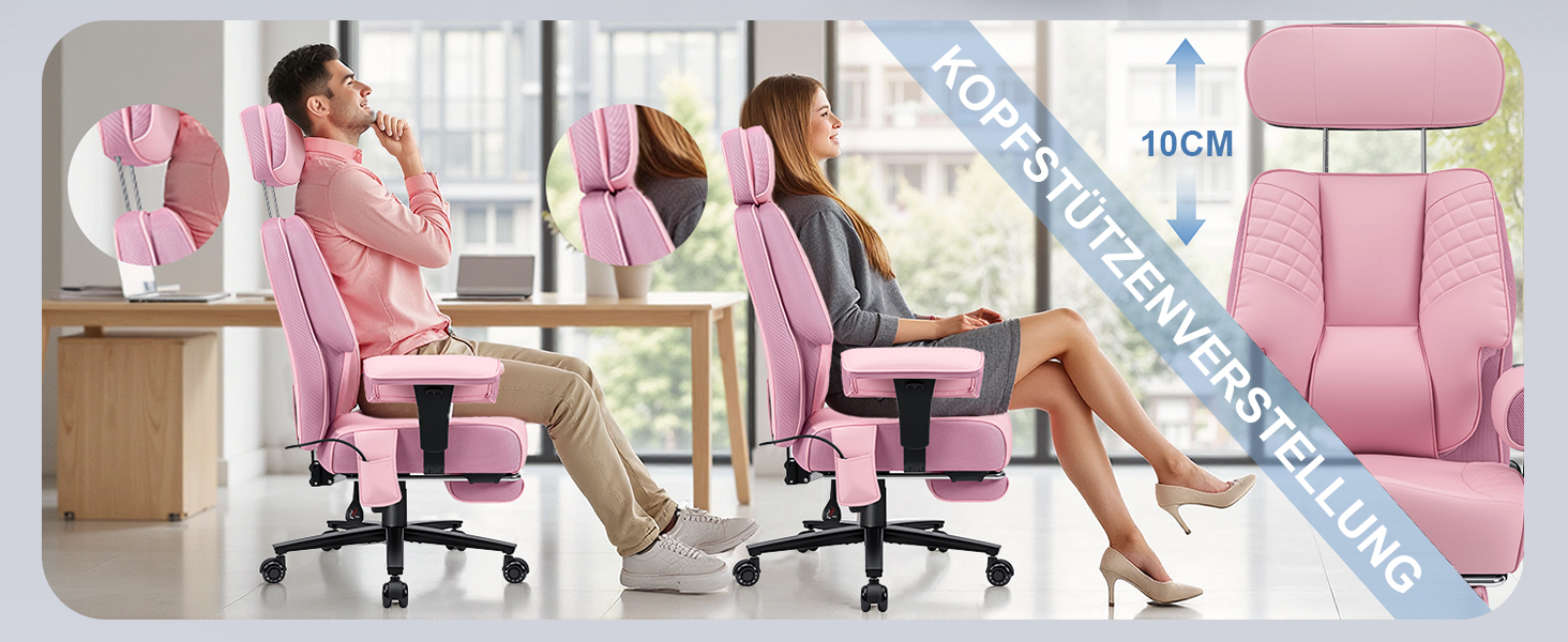 Офісний крісло HOFFREE Ergonomiczne для керівника, 220 кг, з підставкою для ніг, регульованою поперековою підтримкою, регульованою висотою підголівника, PU шкіра, чорне (рожева шкіра)