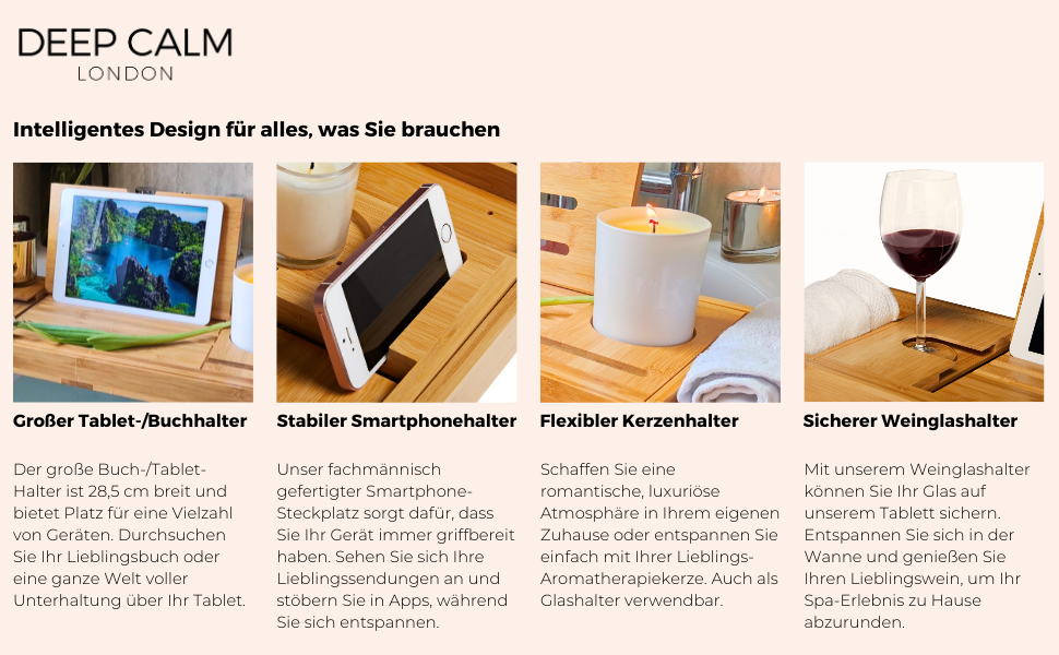 Підставка для ванни Deep Calm з бамбука - регульована, антиковзка, для книг, iPad, телефону, склянки, свічки (біла)