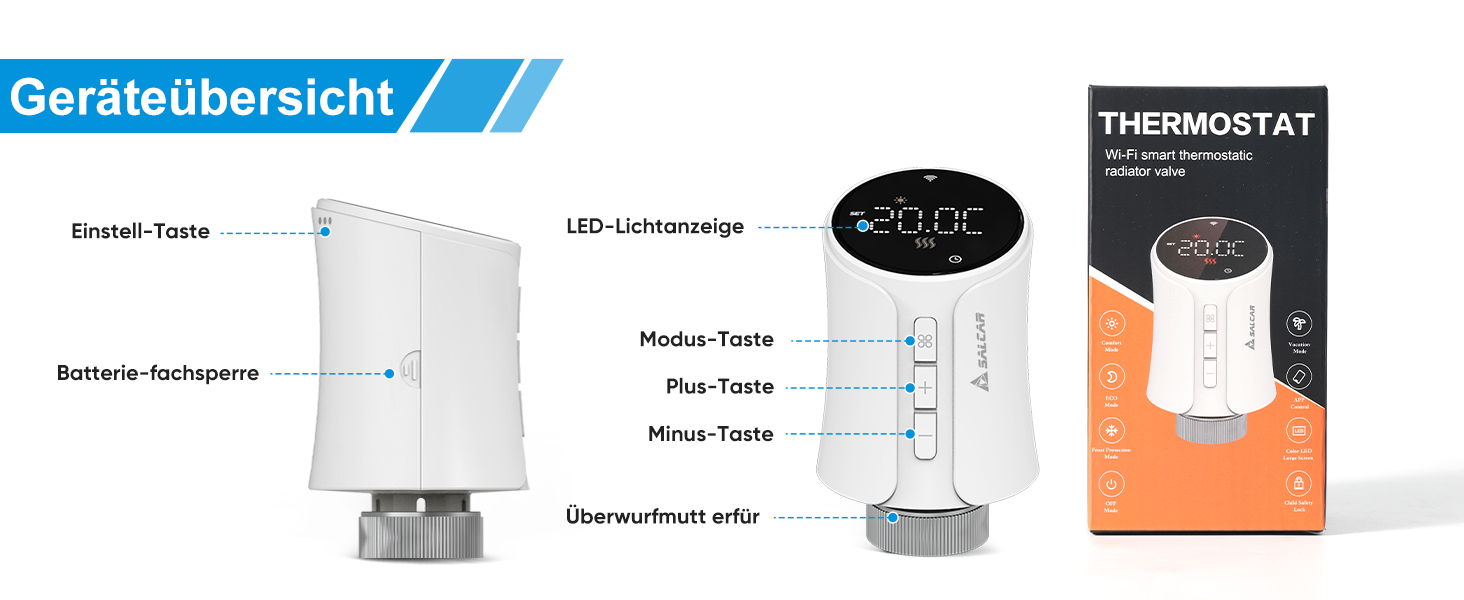 Розумний термостат для радіатора Salcar WiFi, сумісний з Alexa та Google Home, програмований, Tuya Smart, без шлюзу