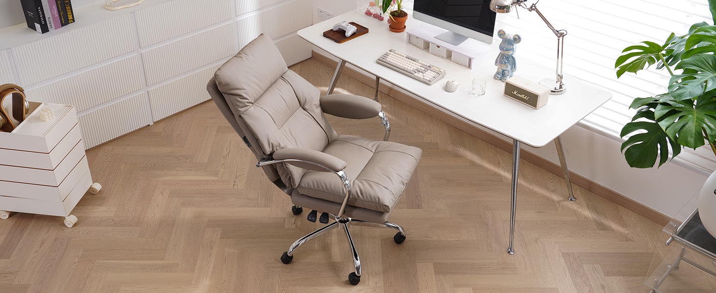 Офісний крісло EMIAH з підставкою для ніг, ергономічний крісло для офісу та дому, комп'ютерне крісло з PU шкіри, з підлокітниками та роликами (Хакі)