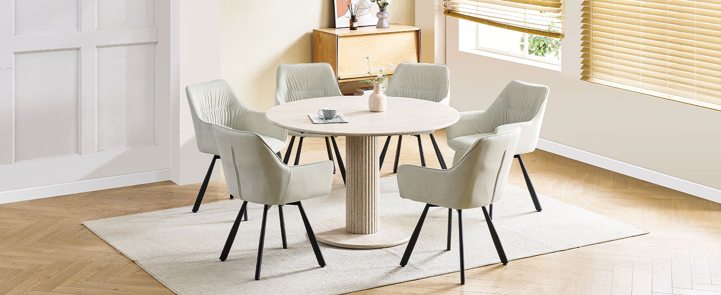 Набір обідніх крісел 6 шт., поворотні, з підлокітниками, 360°, м'які, оксамитові, для вітальні, кухні, робочого кабінету, спальні (бежевий)