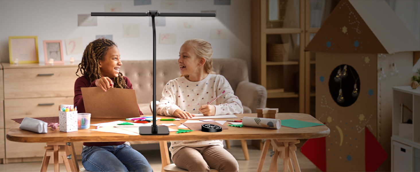 Настільна лампа для дітей з двома головками, захист для очей, 16W, 72см, денне світло, з пультом, регулювання яскравості, з шийкою 