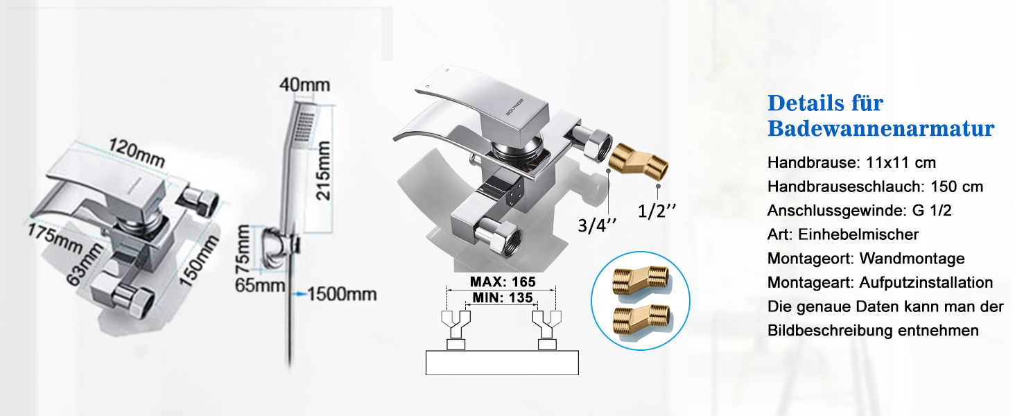 Набір для ванни з водоспадом: змішувач, душова лійка, шланг, кріплення для стіни (хром)
