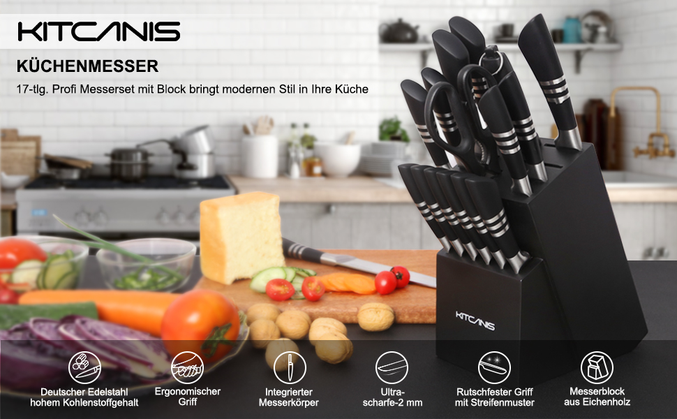 Набір кухонних ножів Kitkanis 17 предметів з бруском, професійний, з нержавіючої сталі, з кухонними ножицями та точильним бруском, з масивного дерева