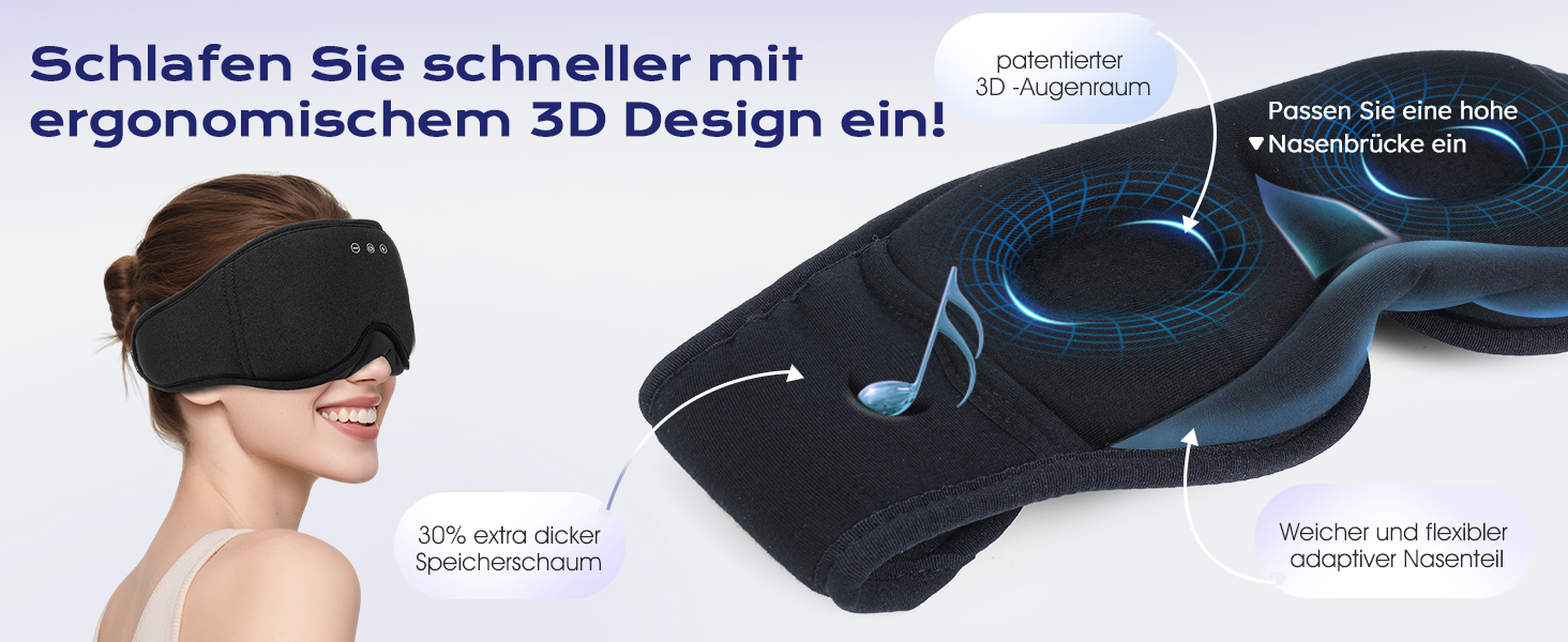 Маска для сну з навушниками Bluetooth 3D LC-Dolida для жінок та чоловіків, повна світлоізоляція, комфорт протягом усієї ночі, м'які навушники для сну під час подорожей, чорний колір