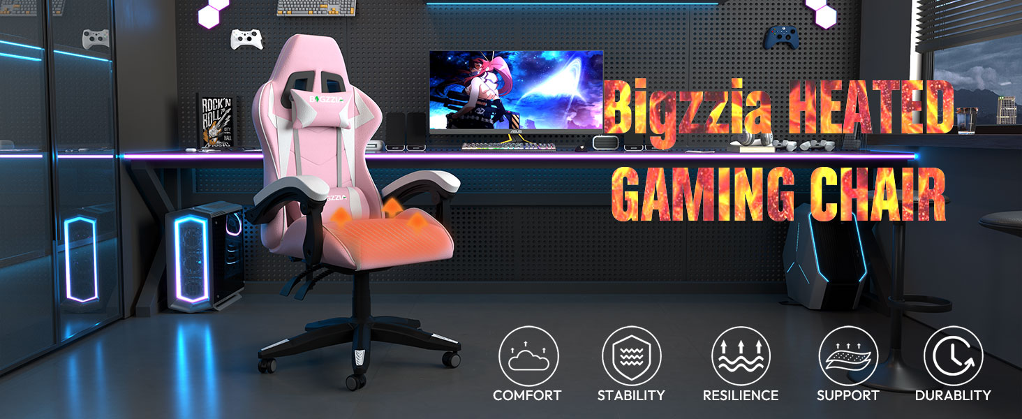 Ігровий крісло Bigzzia Ergonomic з підігрівом, рожево-білий, для геймерів, комп'ютерне, з підголівником та підлокітниками