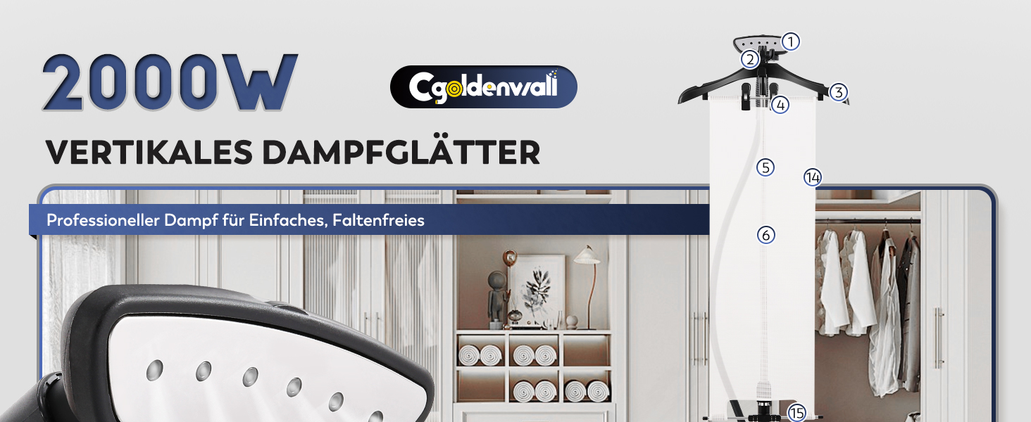 Вертикальний парогенератор CGOLDENWALL 2000W з ємністю 3.2L, швидкий нагрів за 45с, 2 режими прасування для всіх тканин, з аксесуарами та регулюванням висоти